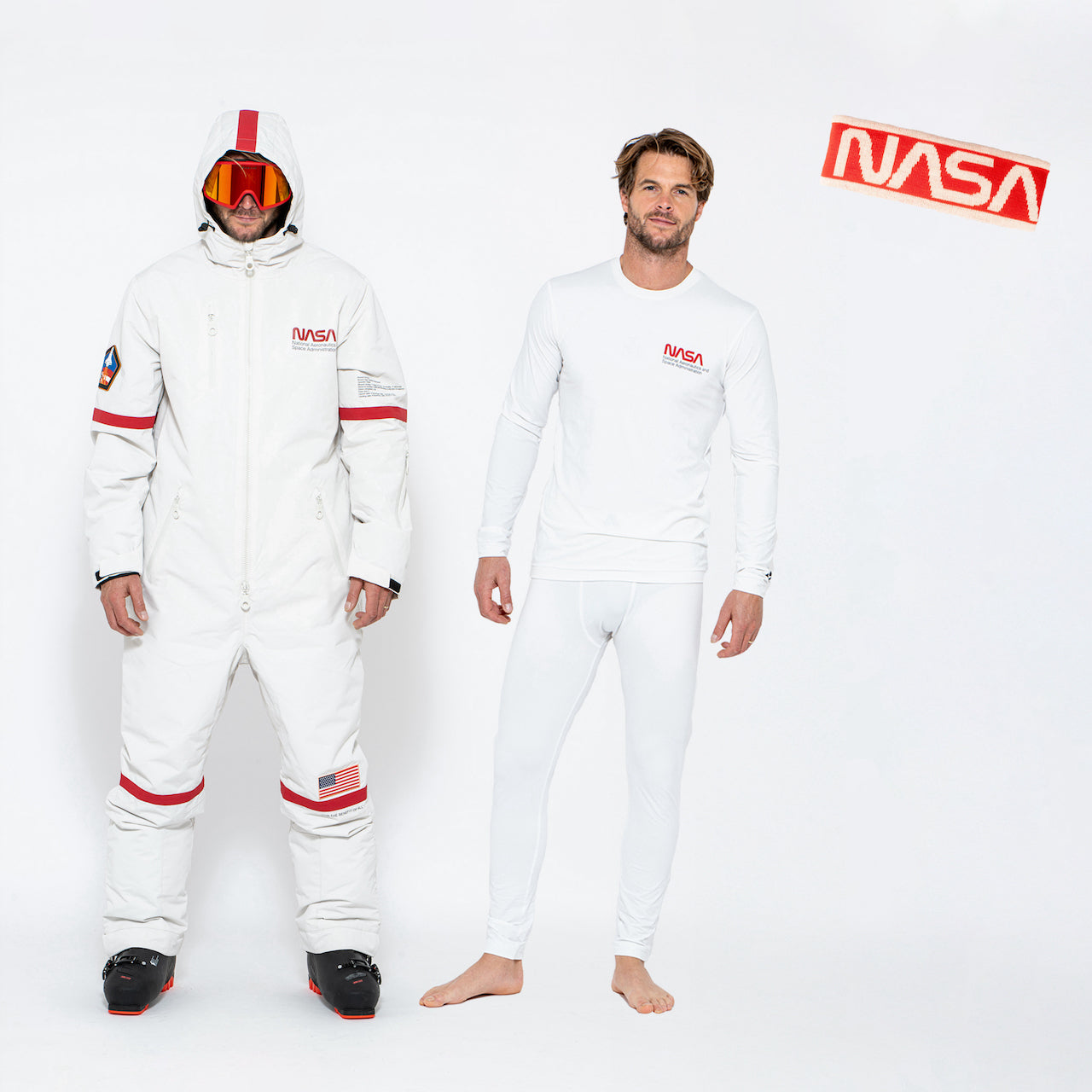 Bundle - Men's White NASA Snow Suit, Base Layer Set & Headband