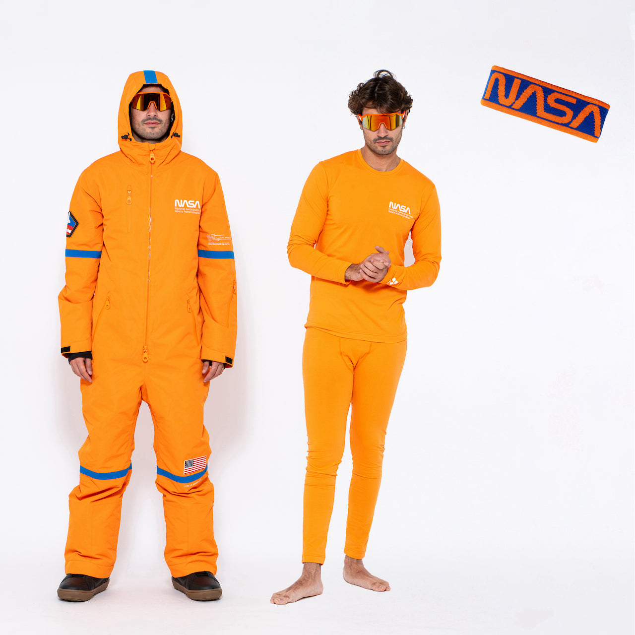 Bundle - Men's Orange NASA Snow Suit, Base Layer Set & Headband